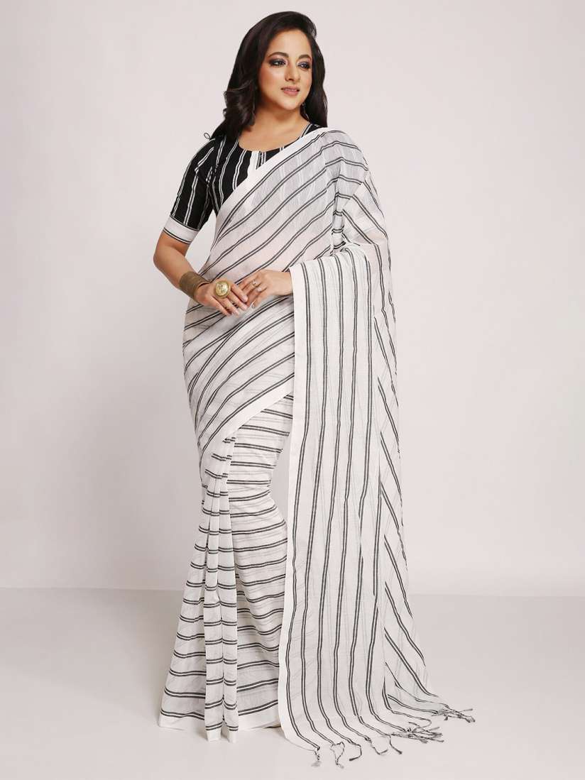 Buy WoodenTant Striped Cotton Silk Saree with Tassels Sarees for Women 27883288 Myntra