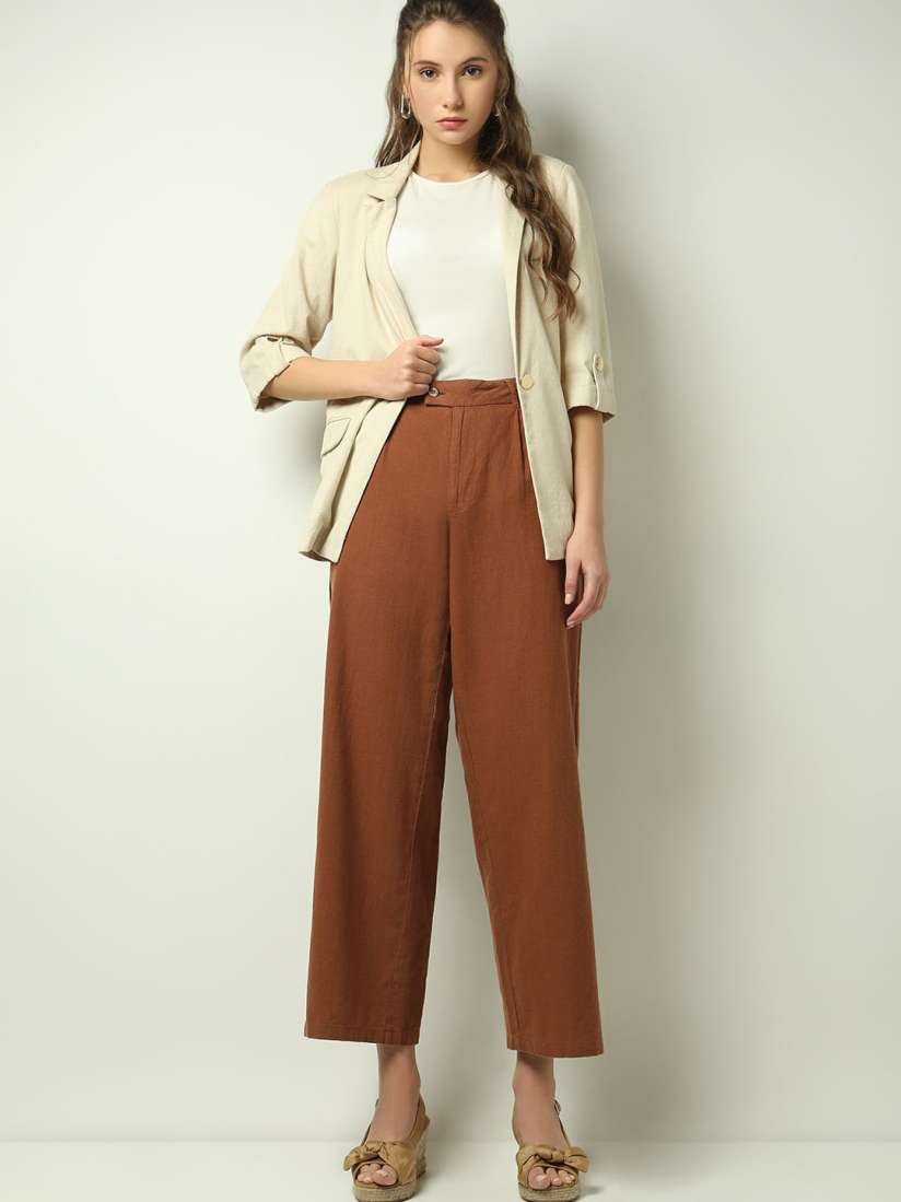 Buy Vero Moda Women Straight Fit High Rise Pleated Linen Trousers Trousers for Women 27919376 Myntra