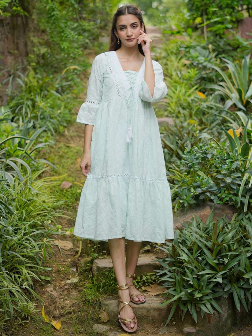Buy Libas Floral Embroidered V Neck Bell Sleeve Cotton Fit Flare Dress Dresses for Women 27931816 Myntra