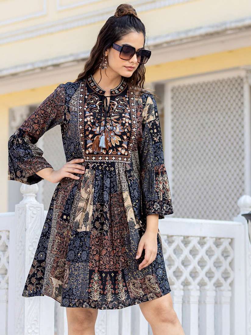 Buy Vishudh Black Ethnic Motifs Printed Tie Up Neck Bell Sleeve Fit Flare Ethnic Dress Ethnic Dresses for Women 27933698 Myntra