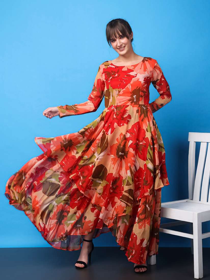 Buy SCORPIUS Floral Printed Layered Fit Flare Maxi Dress Dresses for Women 27943256 Myntra