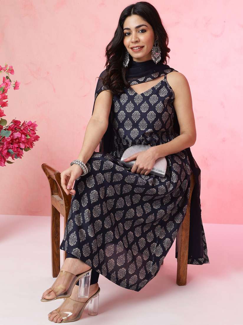 Buy Anouk Shoulder Straps Sleeveless Ethnic Printed Empire Kurta with Churidar Dupatta Kurta Sets for Women 27943322 Myntra