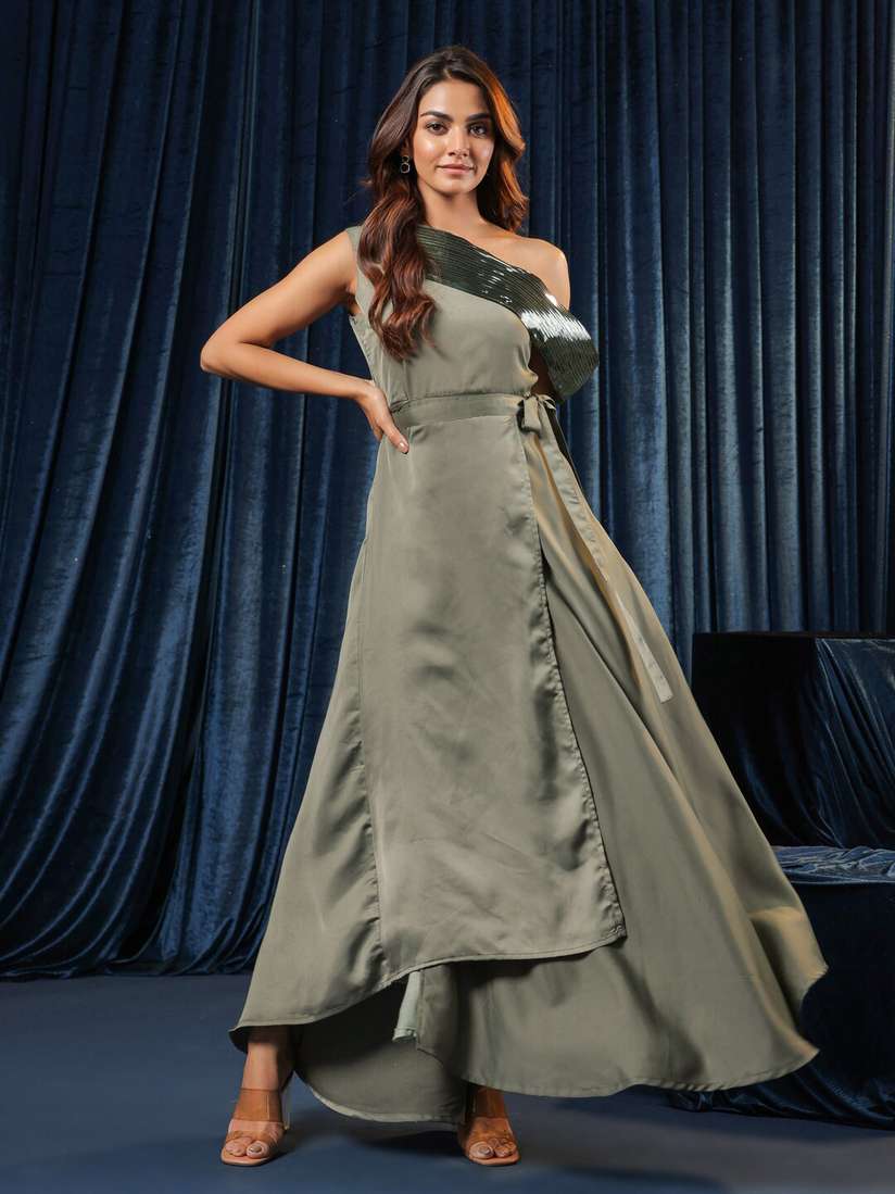 Buy B'Infinite One Shoulder Satin Layered Tie Up Maxi Dress