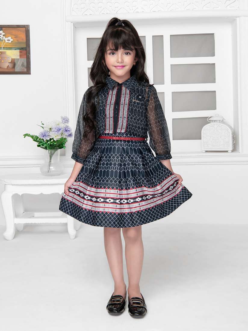 Buy Tiny Baby Girls Geometric Printed Shirt Collar Satin Fit Flare Dress with Belt Jacket Dresses for Girls 27961658 Myntra