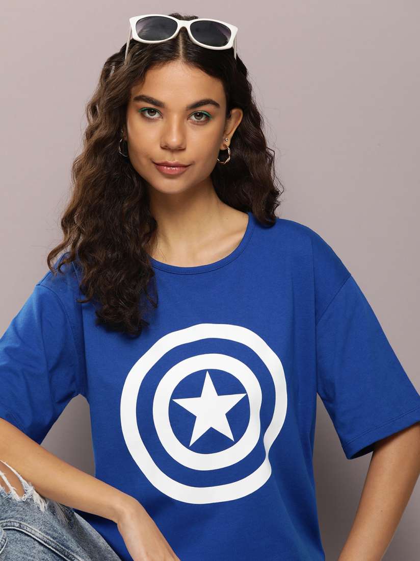 Buy Kook N Keech Captain America Printed Drop Shoulder Sleeves Oversized Pure Cotton T shirt Tshirts for Women 27986014 Myntra
