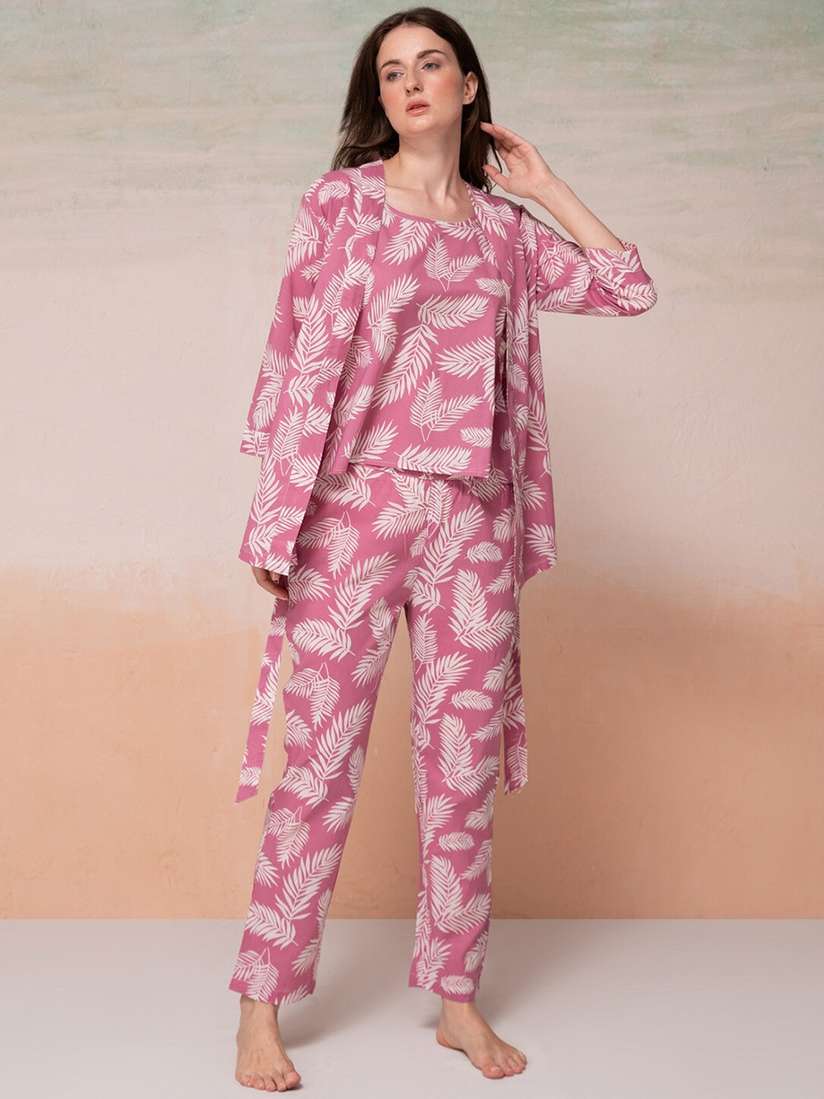 Night Suit With Jacket Bannos Swagger Pink Floral Printed Pure