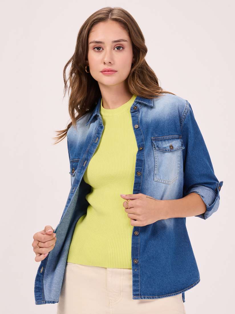 Buy Bombay High Women Light Wash Double Pocket Denim Shirt Shirts for Women 28026362 Myntra