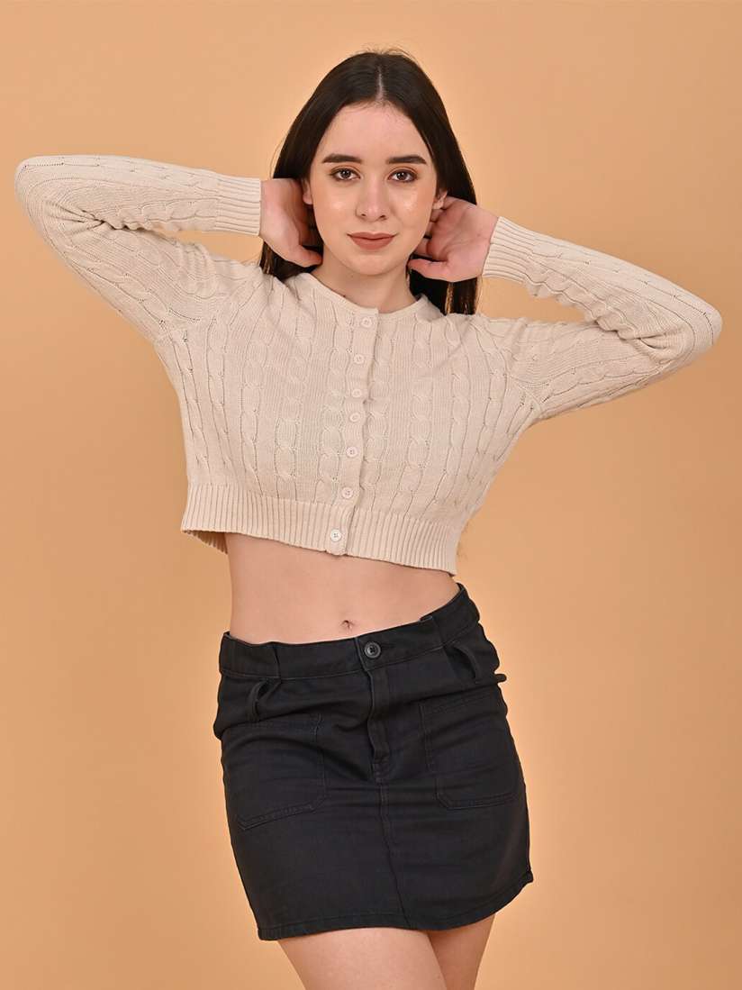 Buy NoBarr Cable Knit Self Design Cotton Crop Cardigan Sweater Sweaters for Women 28031162 Myntra