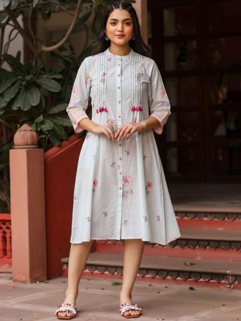 Buy Juniper Floral Printed Round Neck Three-Quarter Sleeves Cotton A-Line  Midi Ethnic Dresses - Ethnic Dresses for Women 28039448 | Myntra