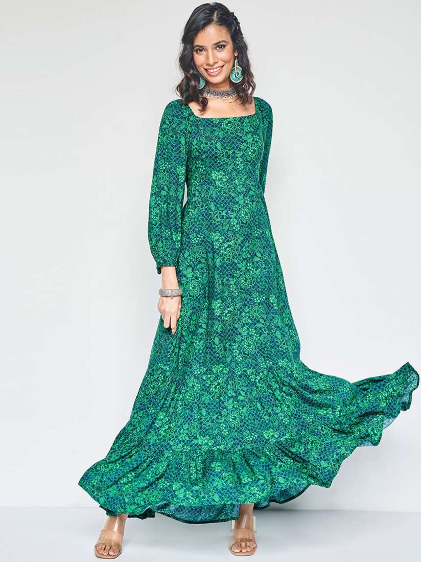 Buy Global Desi Floral Printed Square Neck Puff Sleeve Tiered Maxi Ethnic Dress Ethnic Dresses for Women 28053884 Myntra