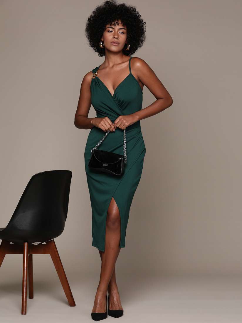 Buy bebe Future Glam Plunge Neck Ruched Bodycon Midi Dress Dresses for Women 28061778 Myntra