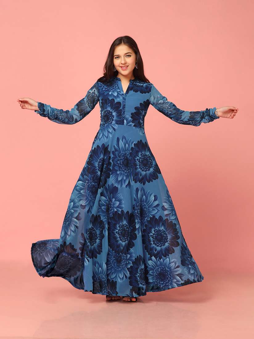 Buy FASHION DREAM Girls Floral Print Mandarin Collar Georgette  