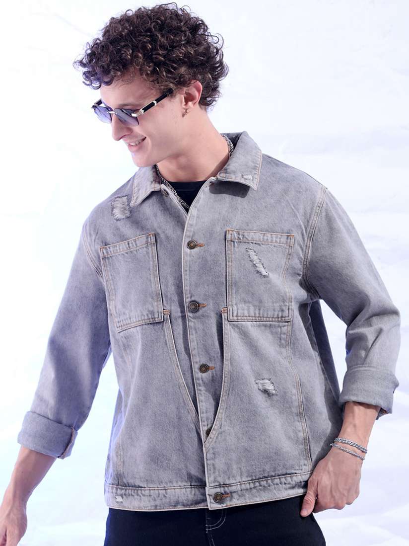 Buy The Indian Garage Co Grey Relaxed Fit Distressed Street Wear Carpenter Denim Jacket Jackets for Men 28094132 Myntra