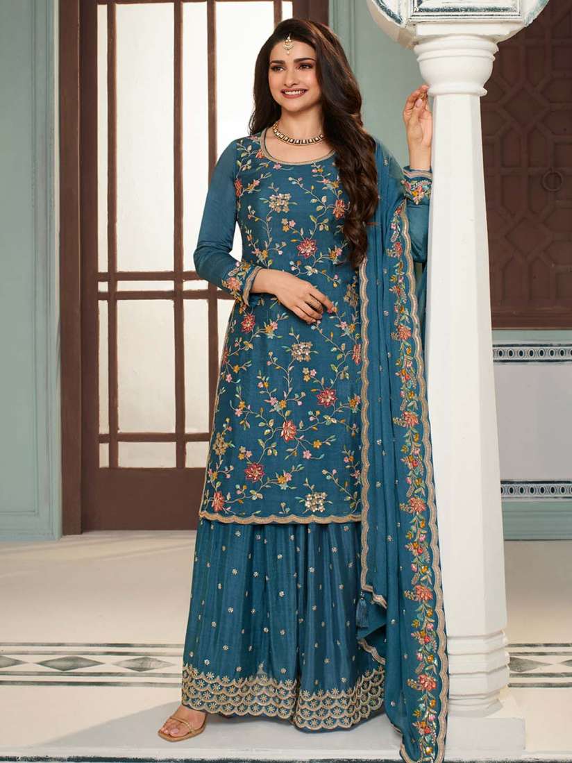 Buy Seerat Women Ethnic Motifs Embroidered Regular Thread Work Silk Chiffon Kurti with Sharara With Dupatta Kurta Sets for Women 28095322 Myntra
