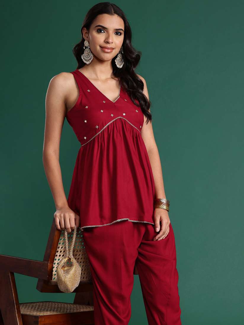 Buy Sangria Women Embroidered Pleated Thread Work Kurti with Harem Pants Kurta Sets for Women 28117908 Myntra