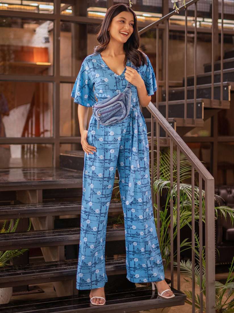 Buy B Infinite Printed V Neck Short Sleeves Waist Tie Ups Basic Jumpsuit Jumpsuit for Women 28145988 Myntra