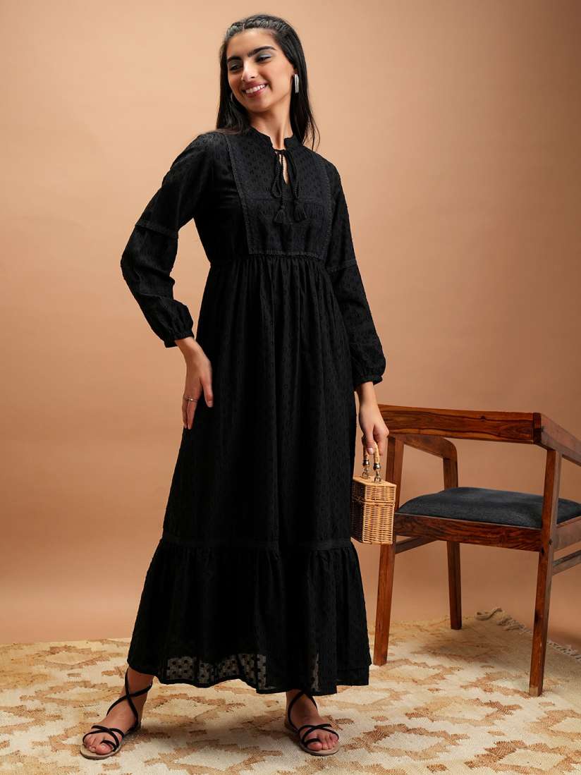 Buy Vishudh Black Self Design Tie Up Neck Maxi Dress Dresses for Women 28155022 Myntra
