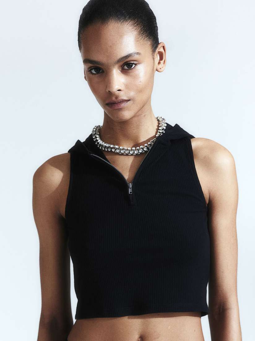 Buy H M Ribbed Sleeveless Hoodie Tops for Women 28176628 Myntra