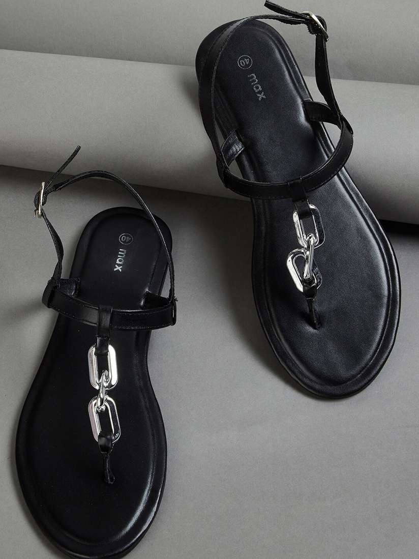 Buy max Buckles Detail Open Toe T-Strap Flats Flats for Women