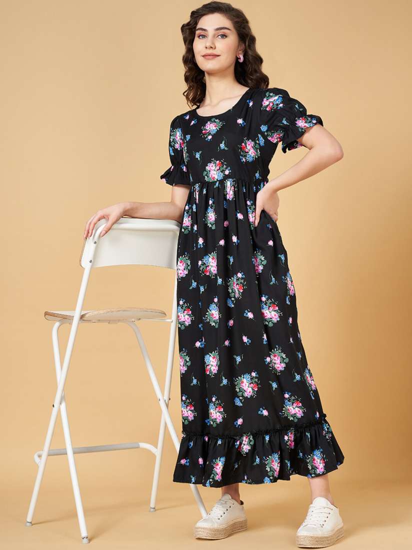 Buy YU by Pantaloons Floral Printed Puffed Sleeves Tiered Fit and Flare Maxi Dress Dresses for Women 28178516 Myntra