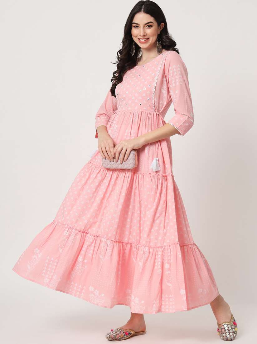 Buy AMIRAS INDIAN ETHNIC WEAR Printed Round Neck Embroidery Mirror Work Pure Cotton Maxi Dress Dresses for Women 28215644 Myntra