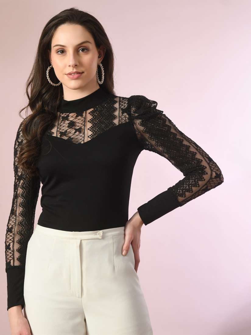 Puff sleeve lace up top top