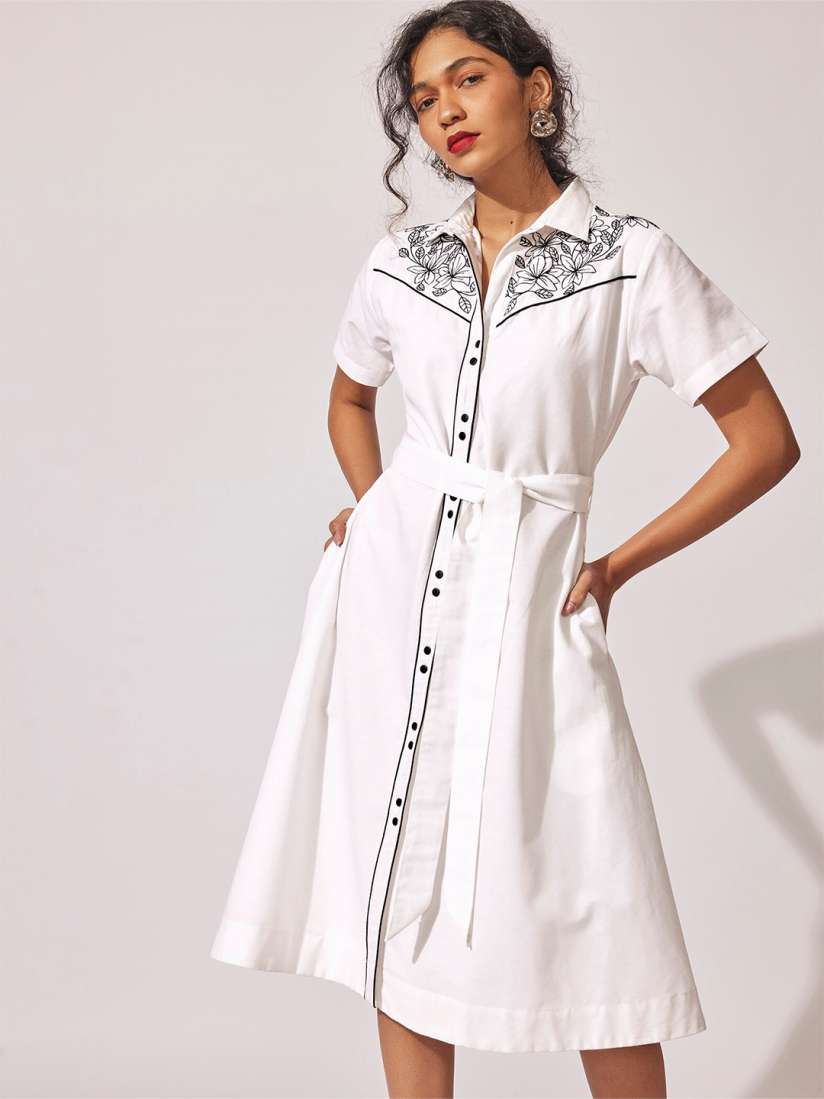 Buy The Label Life Shirt Collar Embroidered Belted Cotton Shirt Dress Dresses for Women 28261866 Myntra