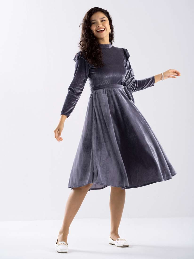 Buy AASK Round Neck Velvet Fit Flare Midi Dress With Belt Dresses for Women 28279264 Myntra