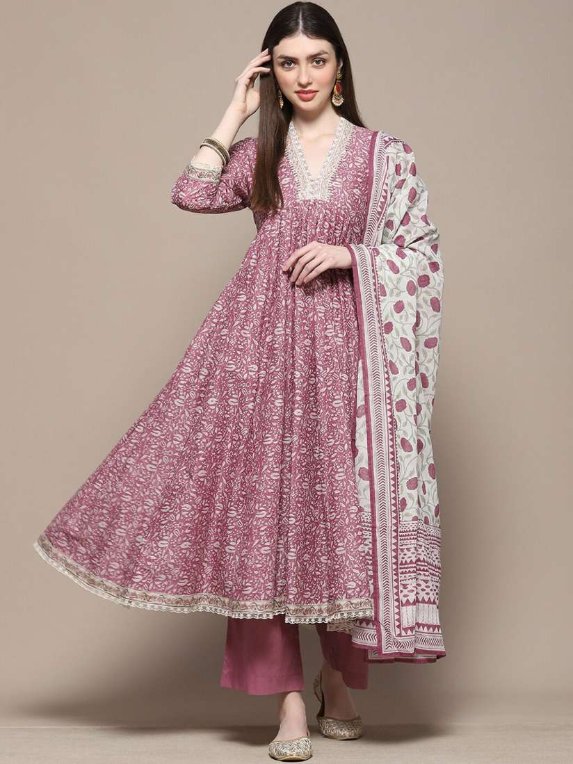 Buy Biba Floral Printed Zari Work Pure Cotton V Neck Anarkali Kurta With Palazzos Dupatta Kurta Sets for Women 28297174 Myntra