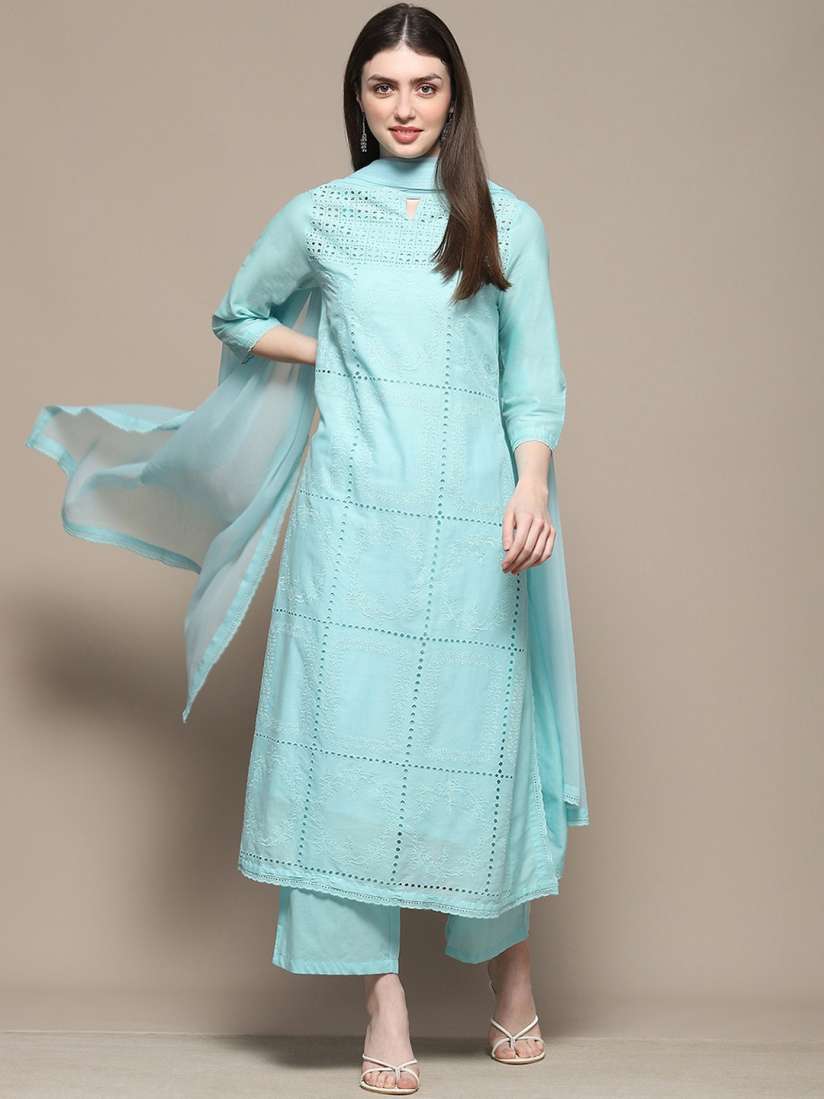 Buy Biba Ethnic Motifs Embroidered Straight Pure Cotton Kurta with Palazzos Dupatta Kurta Sets for Women 28297198 Myntra