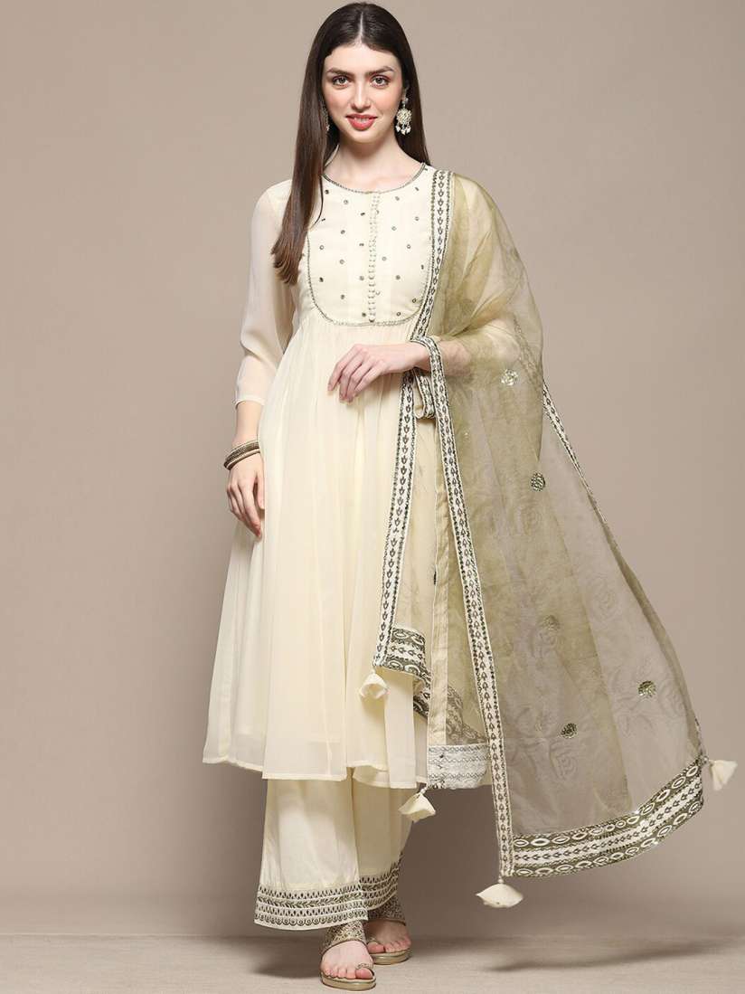 Buy Biba Floral Embroidered Mirror Work Anarkali Kurta with Palazzo Dupatta Kurta Sets for Women 28297216 Myntra