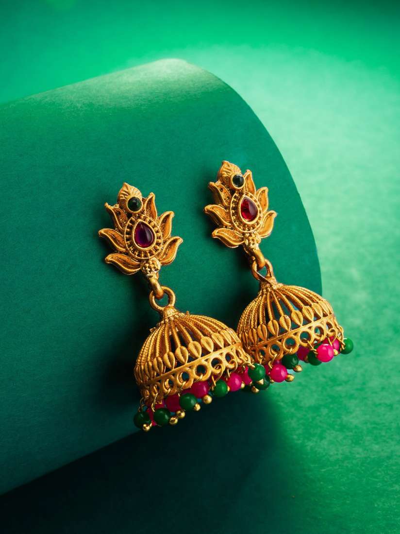 Buy aadita Gold Plated Stone Studded Beaded Dome Shaped Jhumkas Earrings for Women 28302236 Myntra