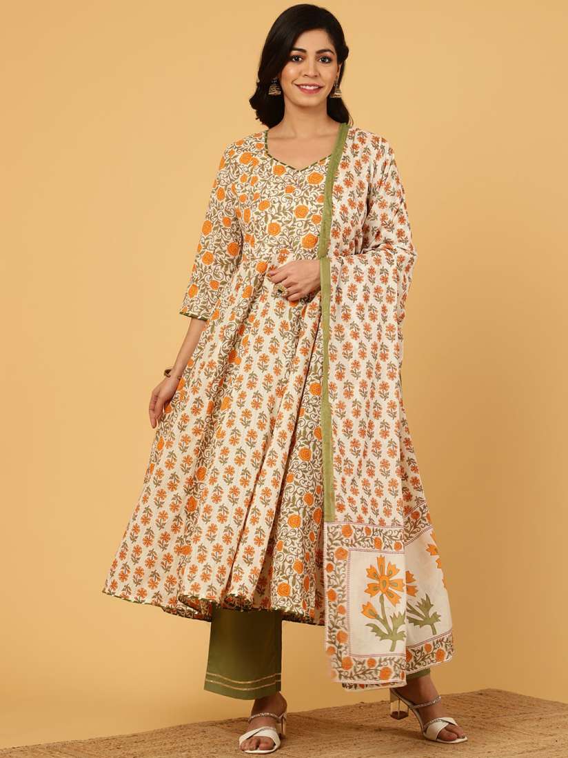 Buy Jaipur Kurti Mughal Motif Cotton Anarkali Kurta With Palazzo And Printed Dupatta Kurta Sets for Women 28351822 Myntra