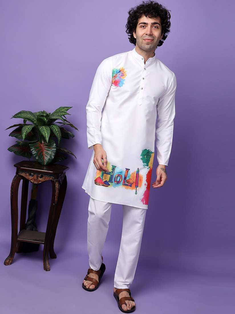 Kurta Set Holi Dress For Man Printed Holi Festival Mens Kurta And