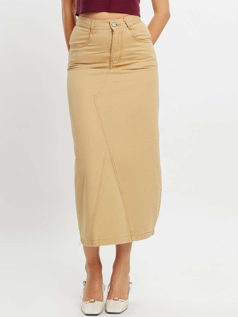 Long khaki denim skirt hot sale