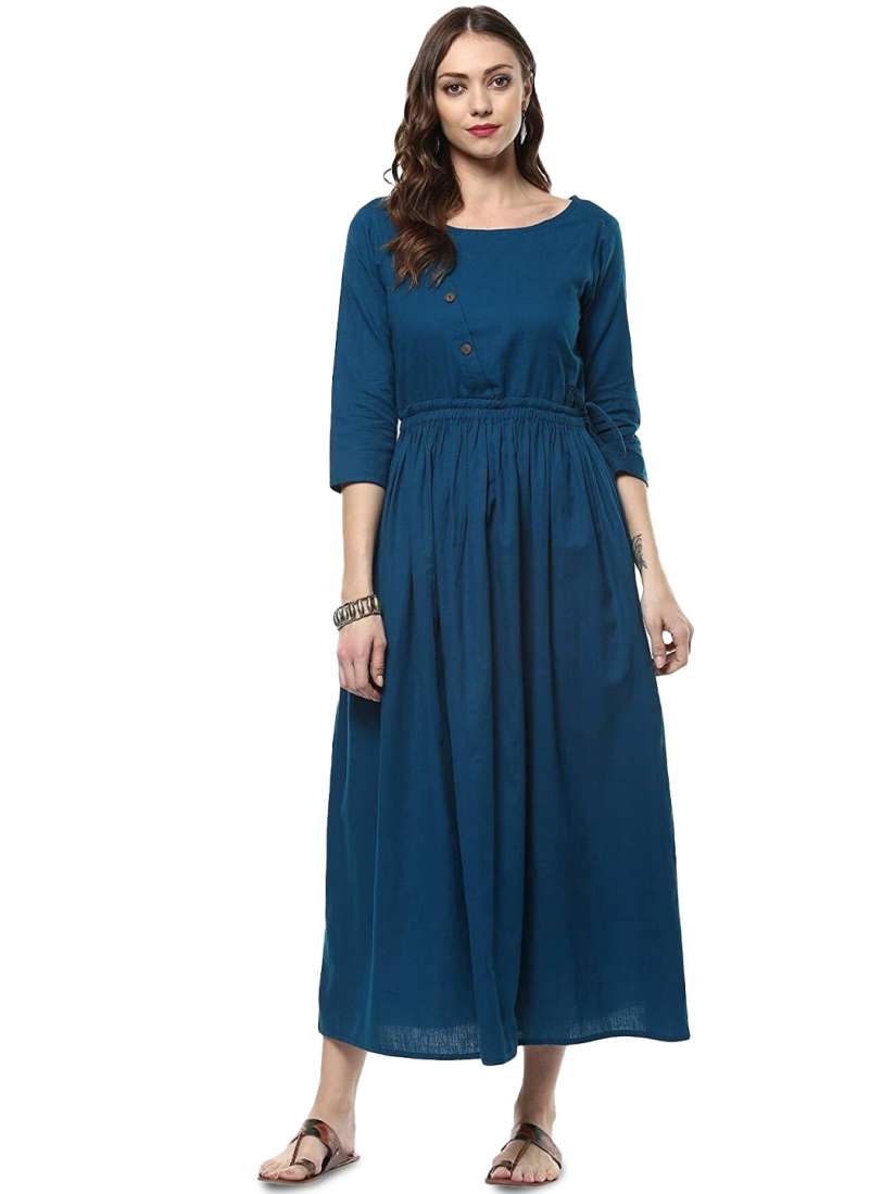 Buy Femvy Crepe Round Neck Three Quarter Sleeves Applique Fit Flare Maxi Casual Dress Dresses for Women 28374956 Myntra