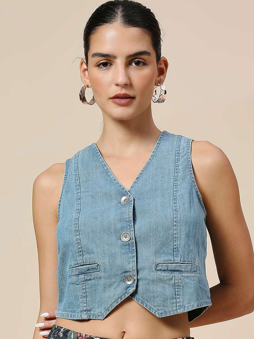 Sleeveless denim waistcoat deals