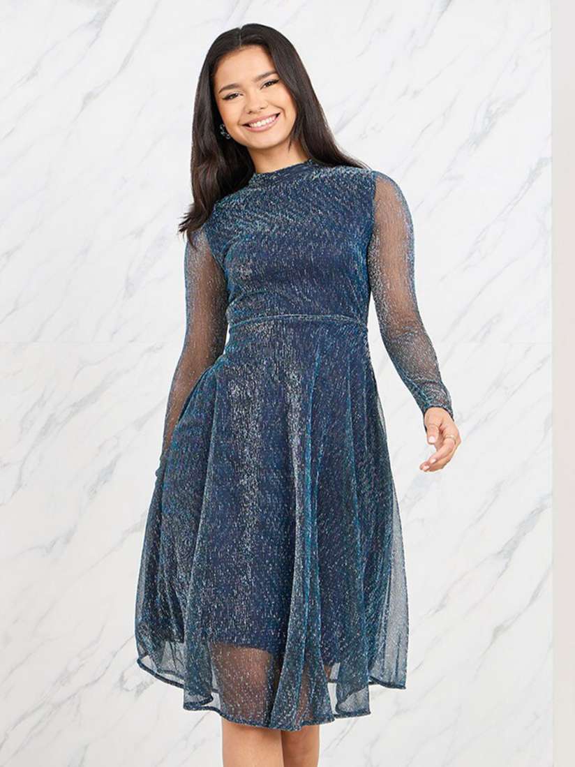 Buy Styli Navy Blue Shimmer High Neck Fit Flare Dress Dresses for Women 28402966 Myntra