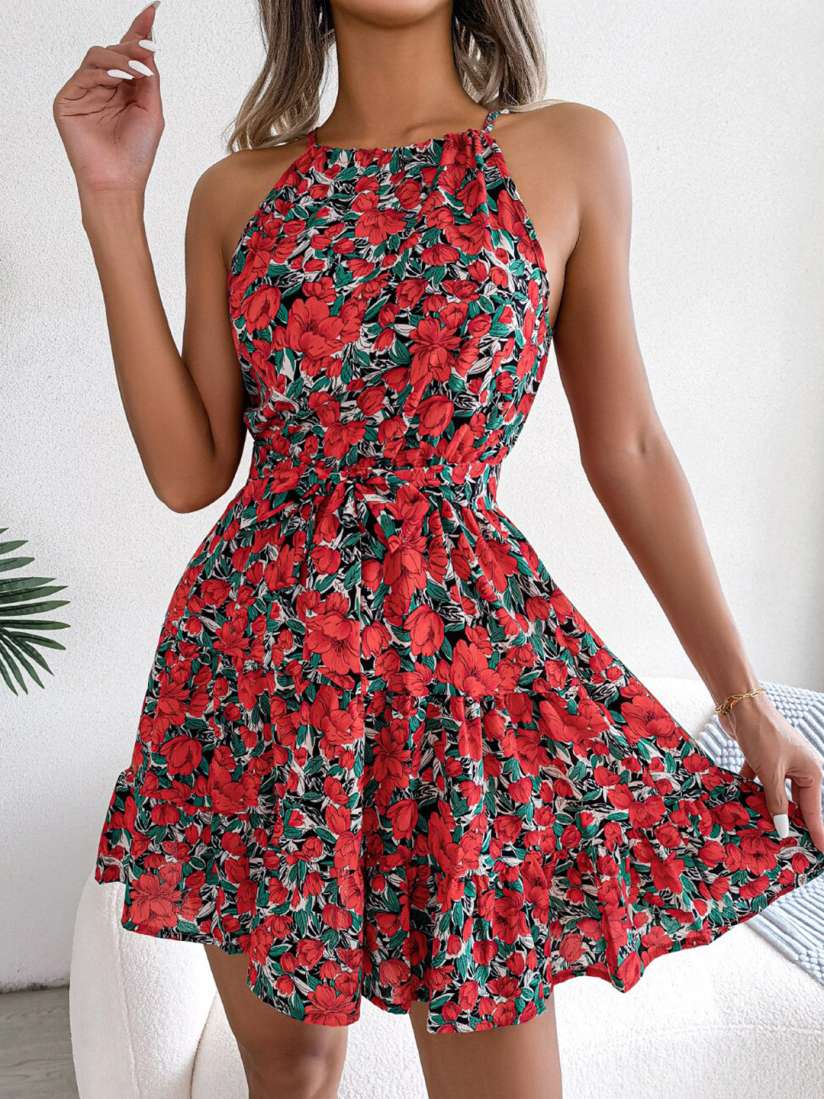 Red floral halter dress cheap