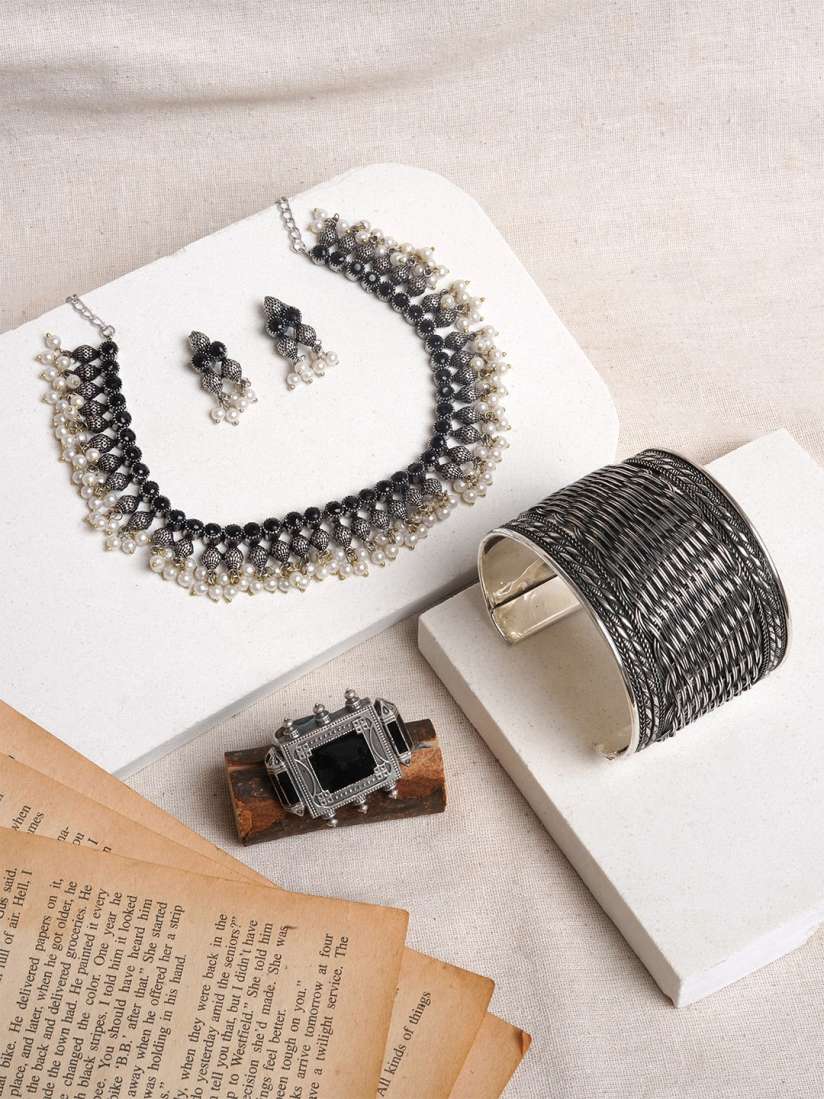 Buy TEEJH Silver Plated Beaded Oxidised Jewellery Set Jewellery Set for Women 28429608 Myntra