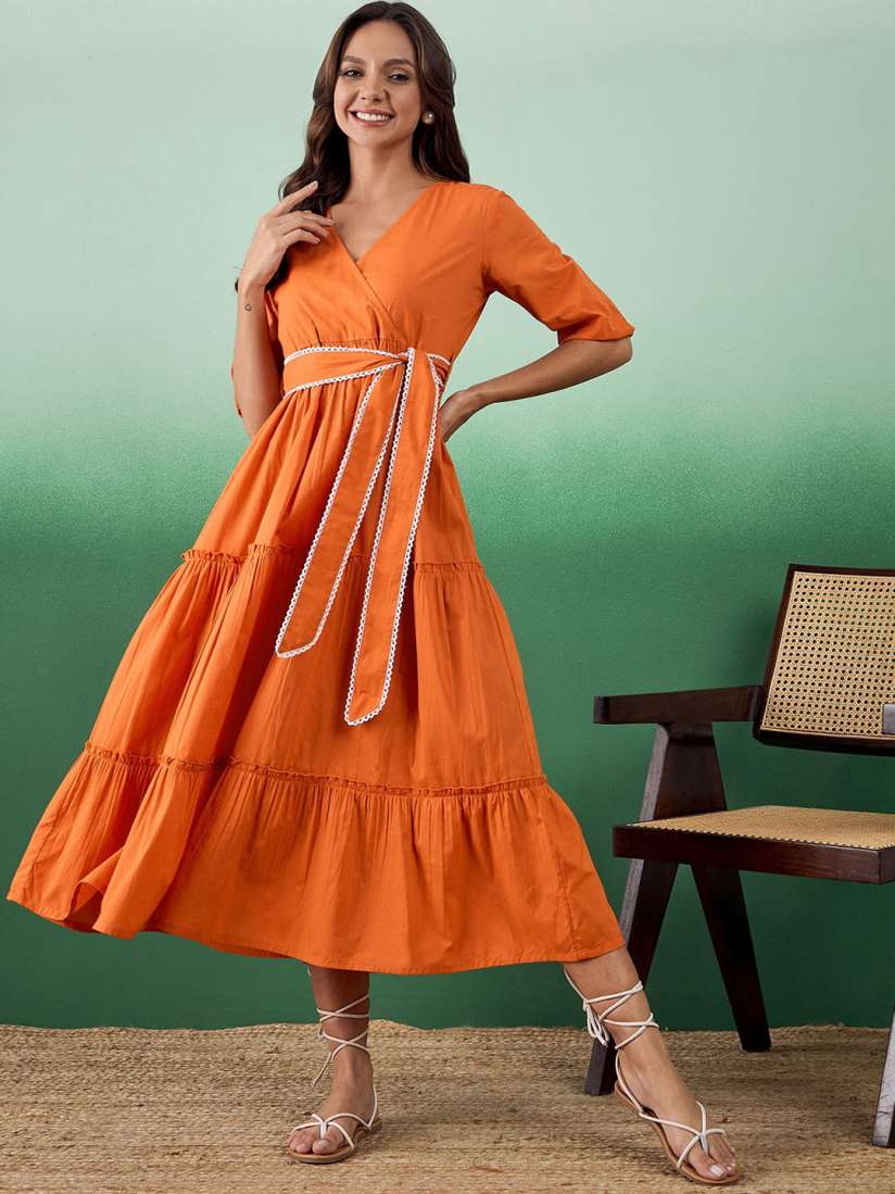 Buy Sangria Lace Belted Tiered Fit Flare Pure Cotton Midi Ethnic Dress Ethnic Dresses for Women 28452498 Myntra