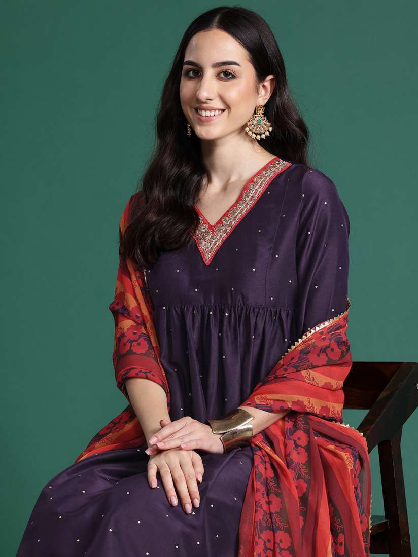 Buy Sangria Ethnic Printed Pleated Gotta Patti Detail Kurta Set With Dupatta Kurta Sets for Women 28459160 Myntra