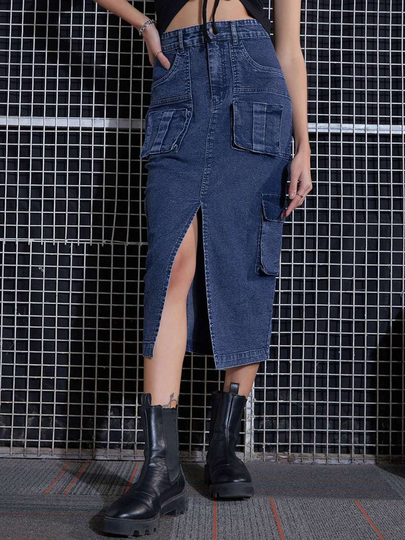 Buy SASSAFRAS Blue Washed Cargo Pencil Midi Denim Skirt Skirts for Women 28495508 Myntra