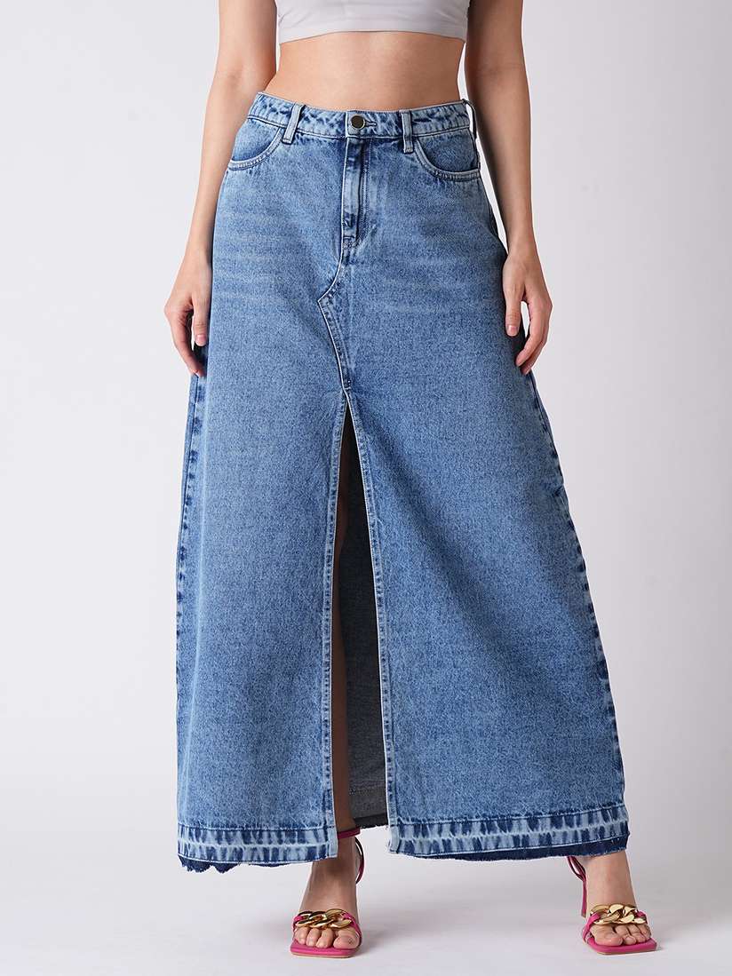 Buy Globus Front Slit Fringed A-Line Maxi Denim Skirt - Skirts for  