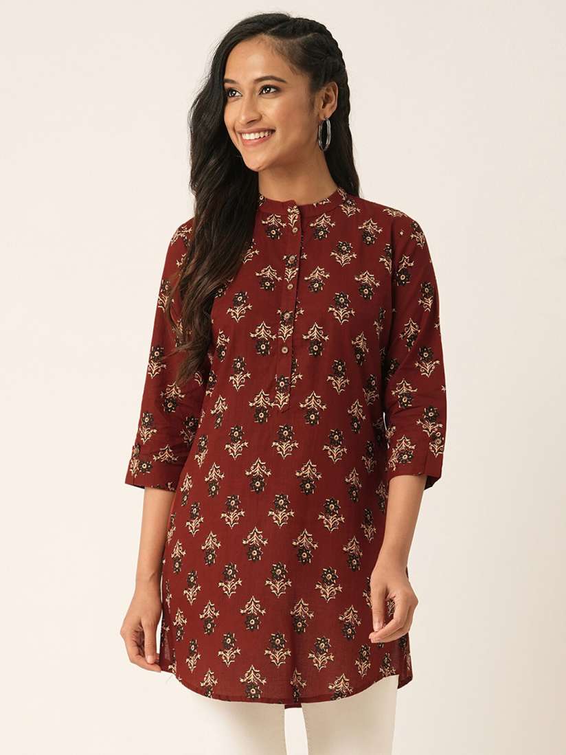 Buy ODETTE Floral Printed Mandarin Collar Three Quarter Sleeves Short Kurti Kurtis for Women 28538134 Myntra