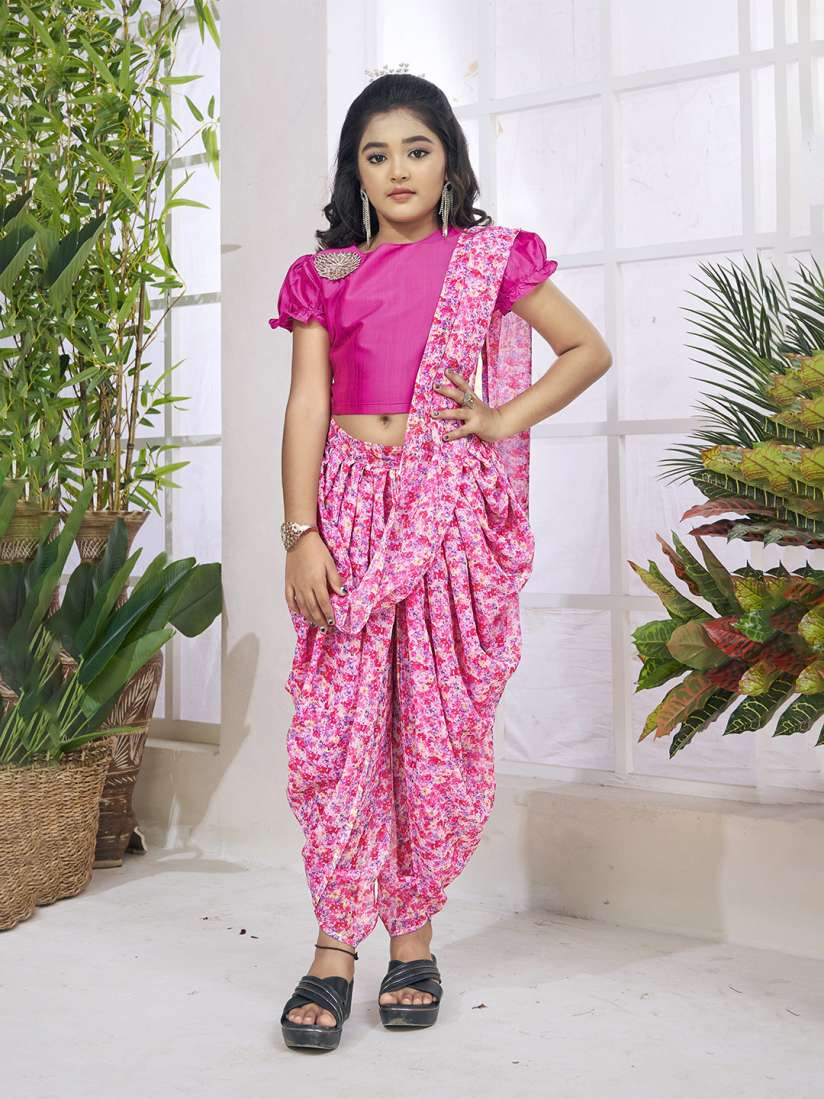 Buy LOOKS AND LIKES Floral Printed Pure Georgette Ready to Wear Dhoti Saree Sarees for Girls 28539210 Myntra