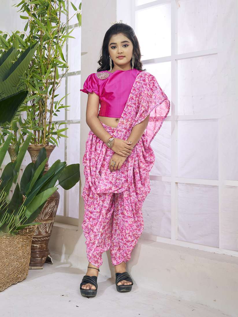 Buy LOOKS AND LIKES Floral Printed Pure Georgette Ready to Wear Dhoti Saree Sarees for Girls 28539210 Myntra