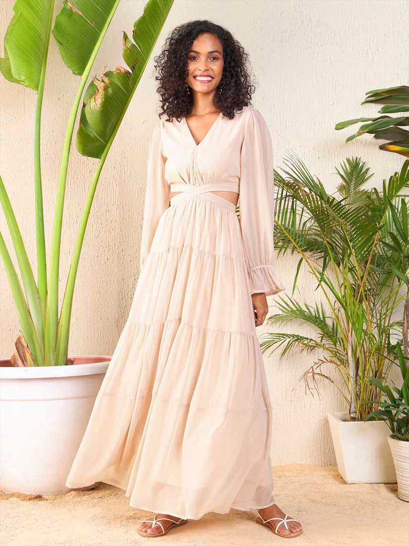 Buy SASSAFRAS V Neck Bell Sleeves Layered Georgette Maxi Dress Dresses for Women 28558696 Myntra