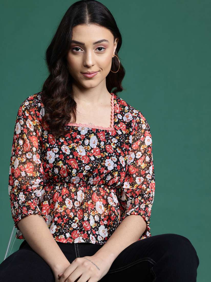 Buy DressBerry Floral Print Cinched Waist Top Tops for Women 28575416 Myntra