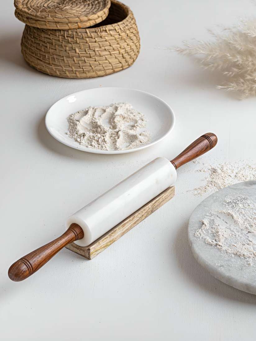 Marble Rolling Pin White with Wooden Rest Marble Rolling Pin White with Wooden Rest